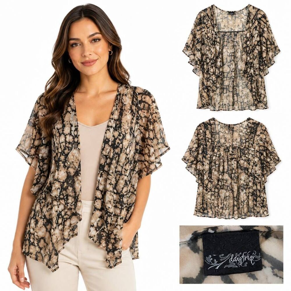 Daytrip Small Tan Black Abstract Print Open Front Kimono